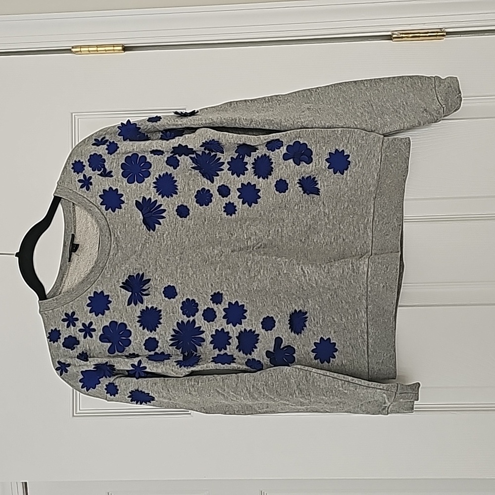 J.Crew Gray Sweatshirt With Raised Applique Blue Flowers, Size Small